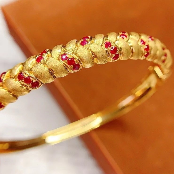 14k Gold 2 Ct Natural Ruby Bangle - 2