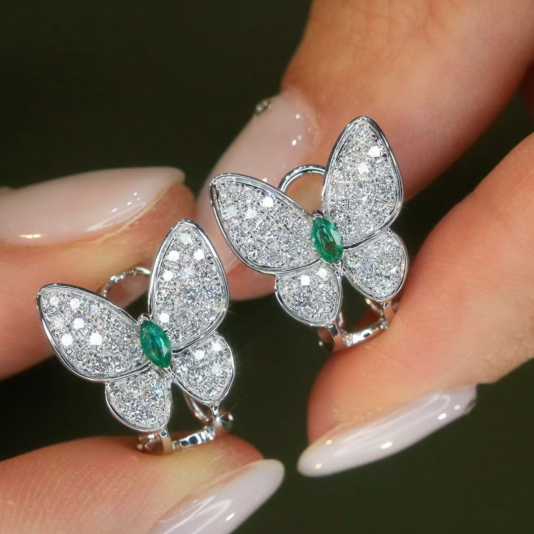 14k Gold 1.06 Ctw Natural Emerald & Diamond & Butterfly Earrings: Ref:230982051 / / gold content:14k gold / / main gemstone:emerald / / shape:marquise / / carat weight:0. 18ct / / color:green / / treatment:natural / / / / adjacent gemstone 2 : diamond / /