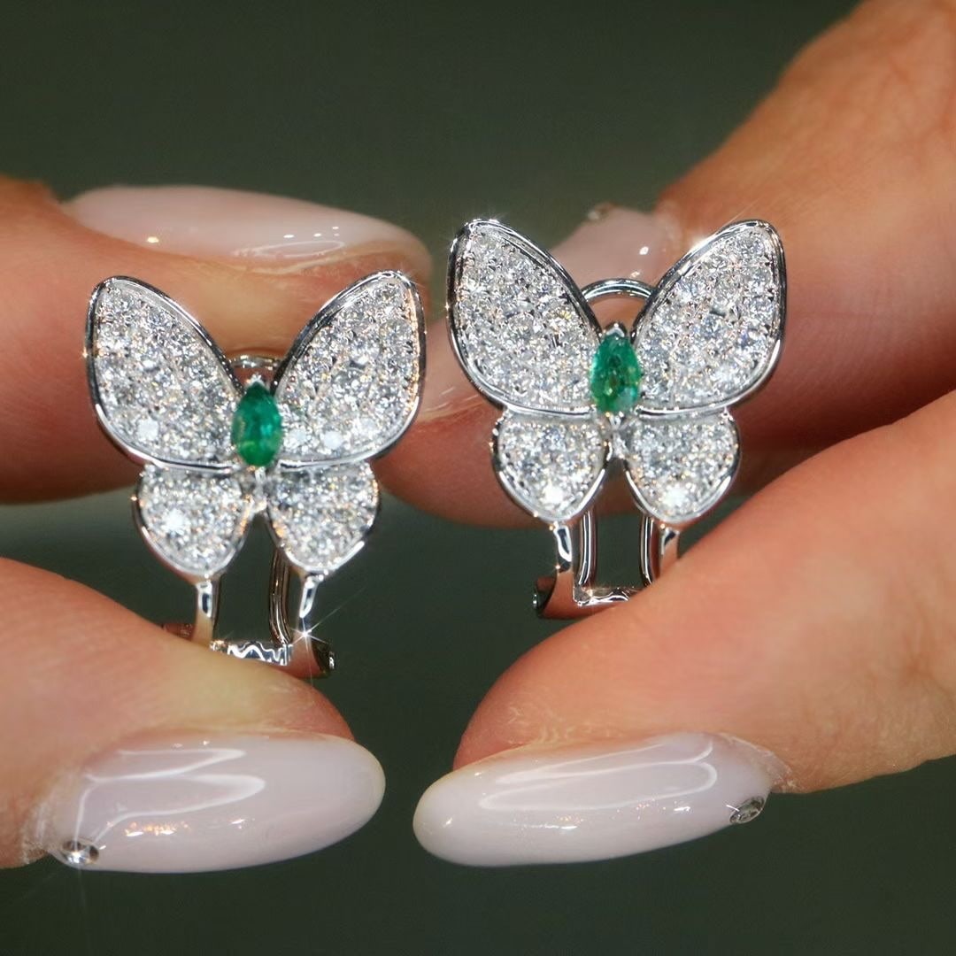 14k Gold 1.06 Ctw Natural Emerald & Diamond & Butterfly Earrings - 2
