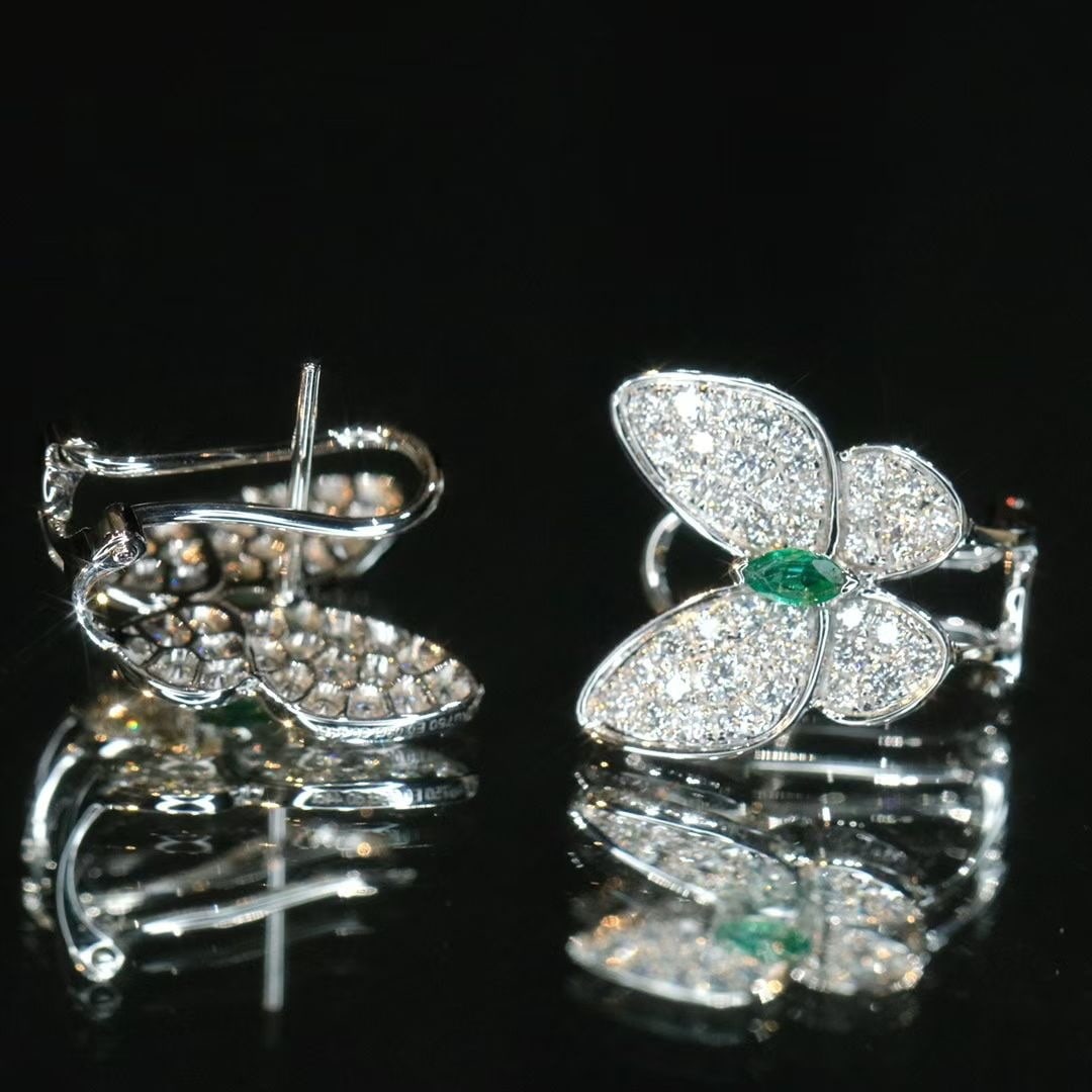14k Gold 1.06 Ctw Natural Emerald & Diamond & Butterfly Earrings - 3