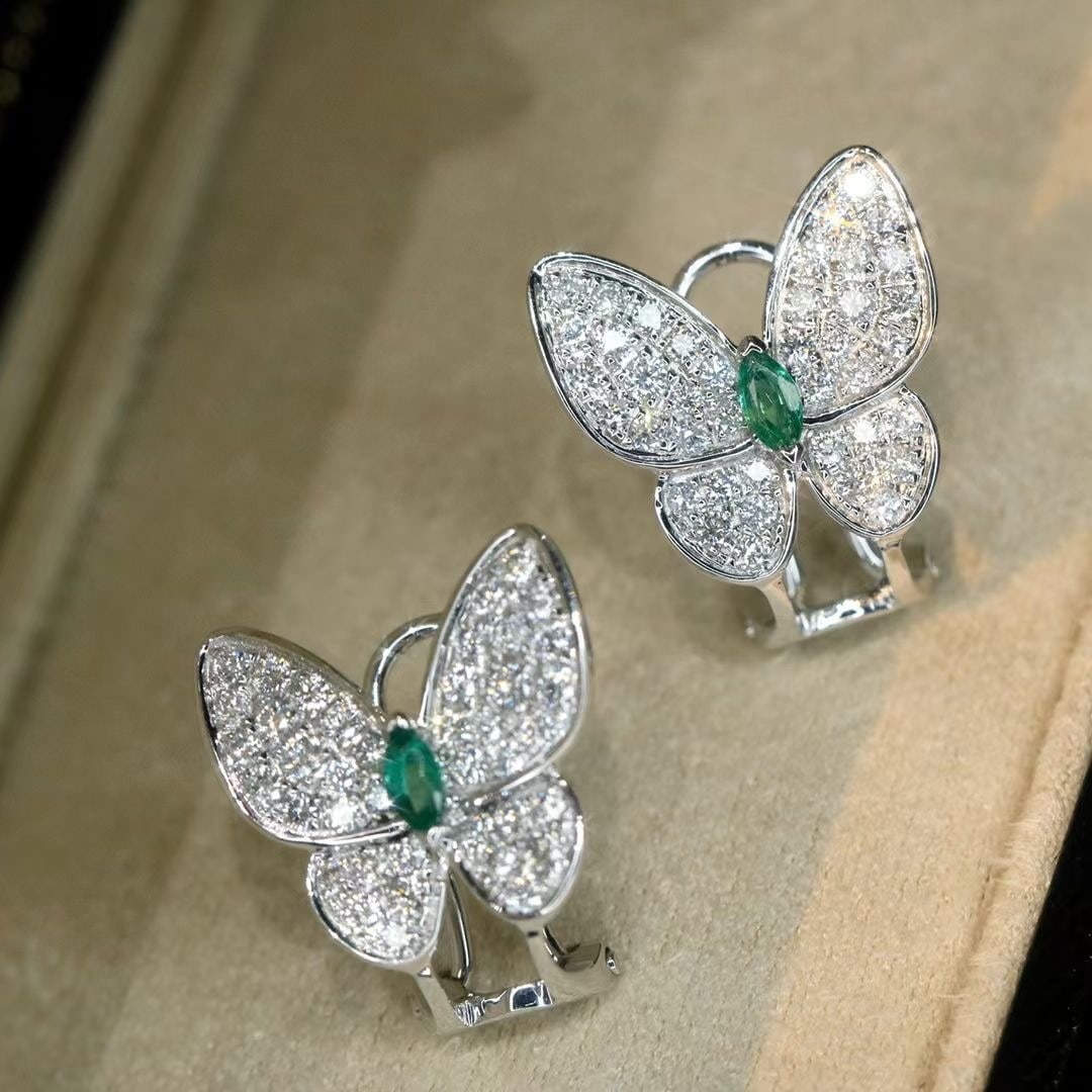 14k Gold 1.06 Ctw Natural Emerald & Diamond & Butterfly Earrings - 4