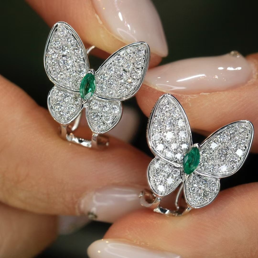 14k Gold 1.06 Ctw Natural Emerald & Diamond & Butterfly Earrings - 5