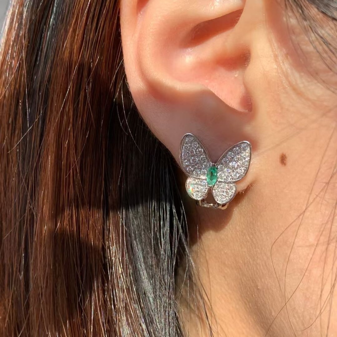 14k Gold 1.06 Ctw Natural Emerald & Diamond & Butterfly Earrings - 6