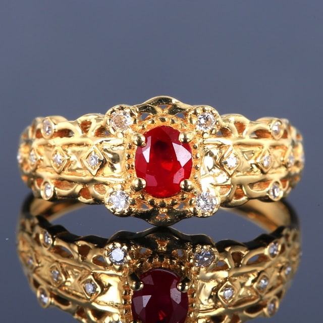 14k Gold 0.46 Ctw Natural Ruby & Diamond Ring: Ref:230982053 / / gold content:14k gold / / ring size:7. 25us / / / / main gemstone:ruby / / shape:oval / / carat weight:0. 4ct / / color:red / / treatment:natural / / / / adjacent gemstone 2 :