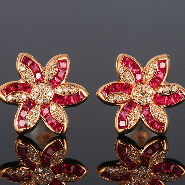 14k Gold 1.04 Ctw Natural Ruby & Diamond Earrings: Ref:230982054 / / gold content:14k gold / / main gemstone:ruby / / shape:square / / carat weight:0. 89ct / / color:red / / treatment:natural / / / / adjacent gemstone 2 : diamond / / number of