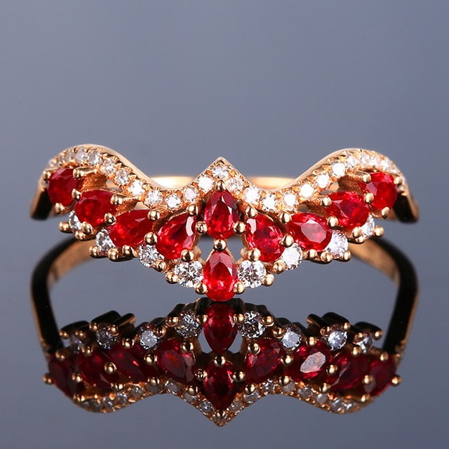 14k Gold 0.54 Ctw Vivid Red Natural Ruby & Diamond Ring: Ref:230982063 / / gold content:14k gold / / ring size:7. 25us / / / / main gemstone:ruby / / shape:pear / / carat weight:0. 38ct / / color:vivid red / / treatment:natural / / / / adjacent gemstone 2