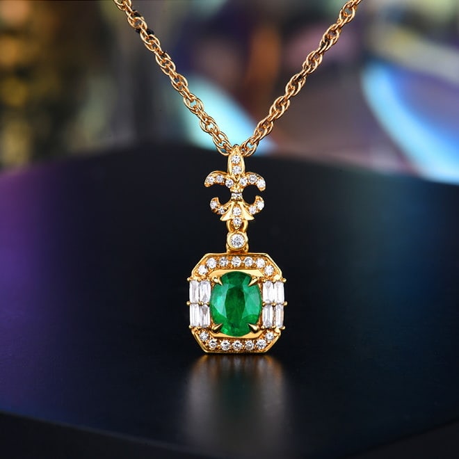 14k Gold 0.97 Ctw Vivid Green Natural Emerald & Diamond Pendant( Without Chain ): Ref:230982095 / / gold content:14k gold / / main gemstone:emerald / / shape:oval / / carat weight:0. 69ct / / color:vivid green / / treatment:natural / / / / adjacent gemstone 2 : diamond / / number