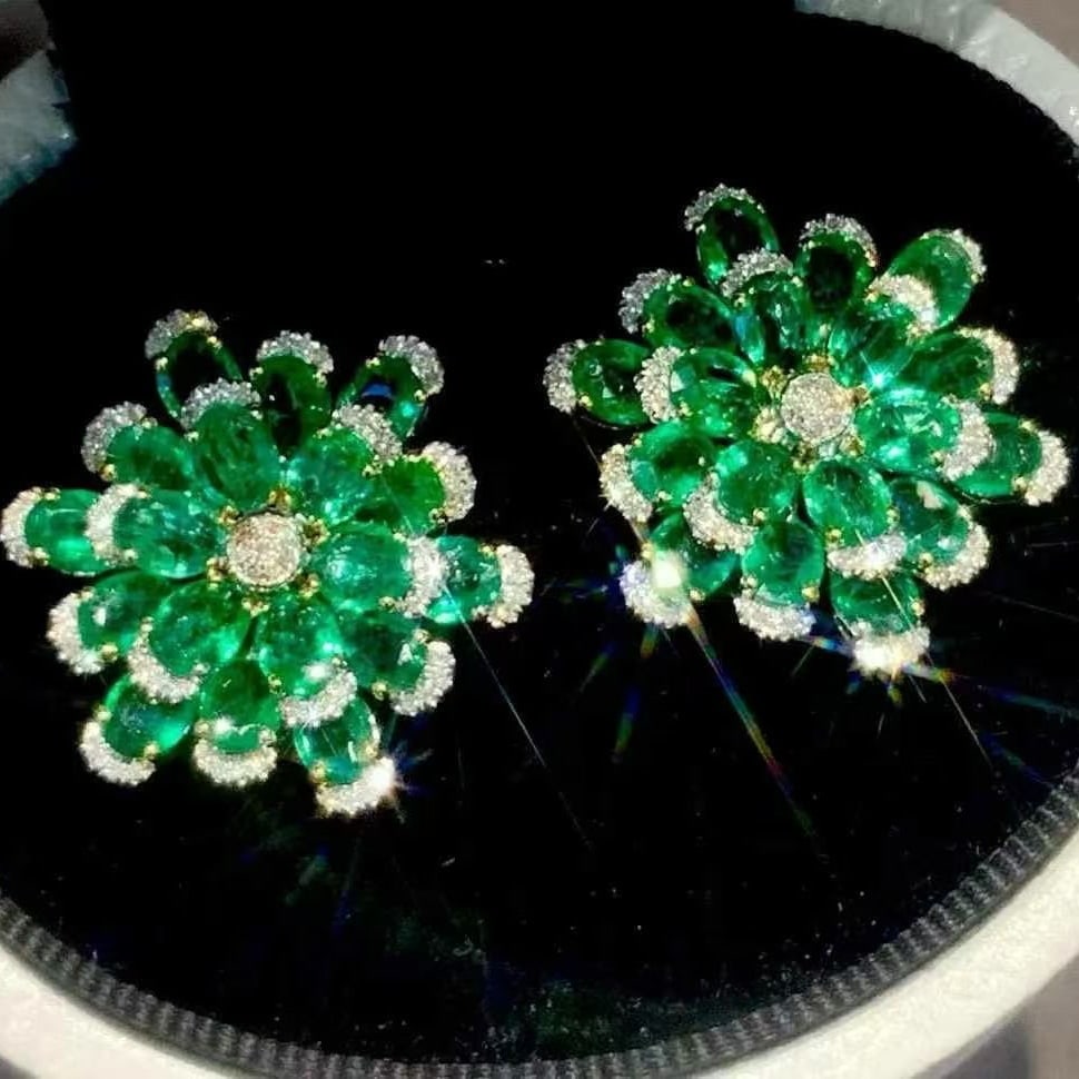 14k Gold 7.8 Ct Vivid Green Natural Emerald & Diamond Earrings - 2