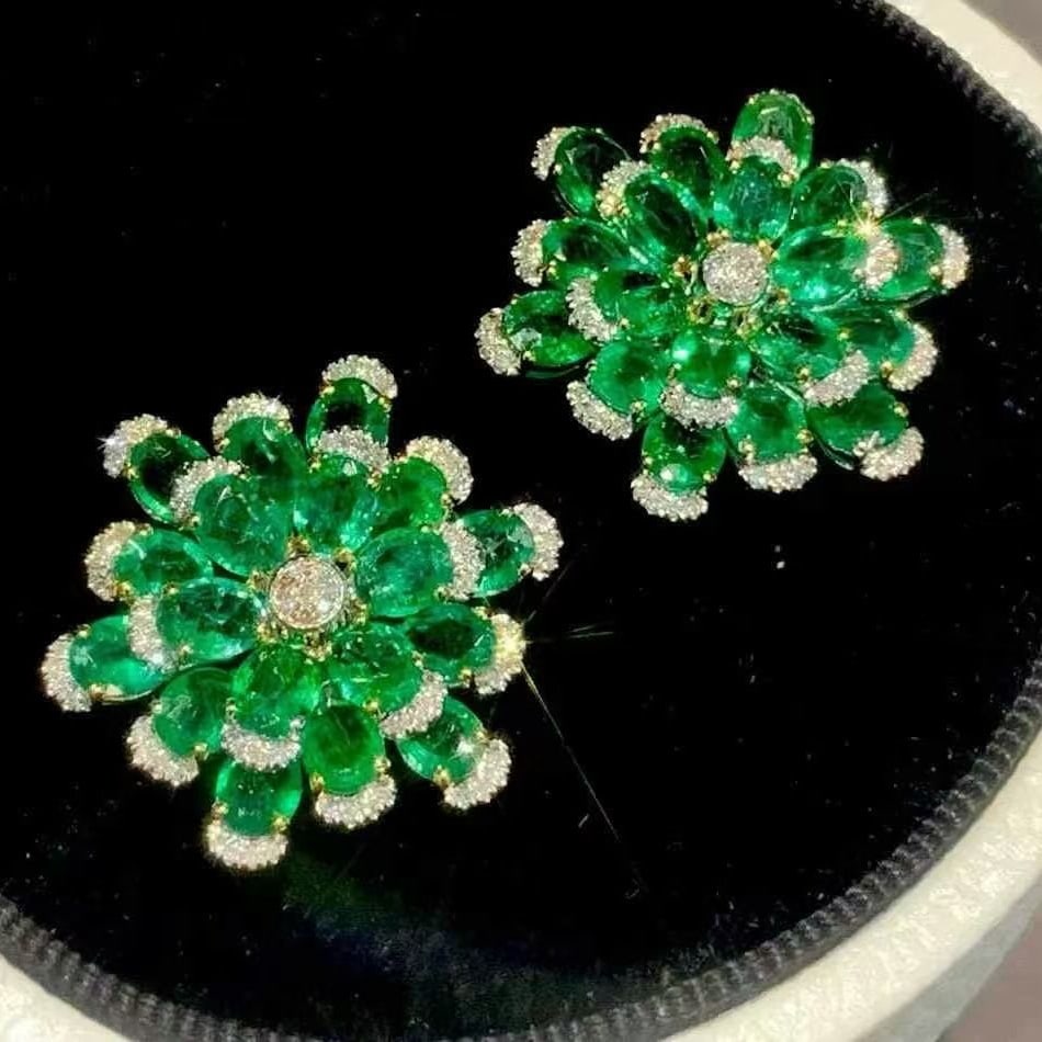 14k Gold 7.8 Ct Vivid Green Natural Emerald & Diamond Earrings - 5