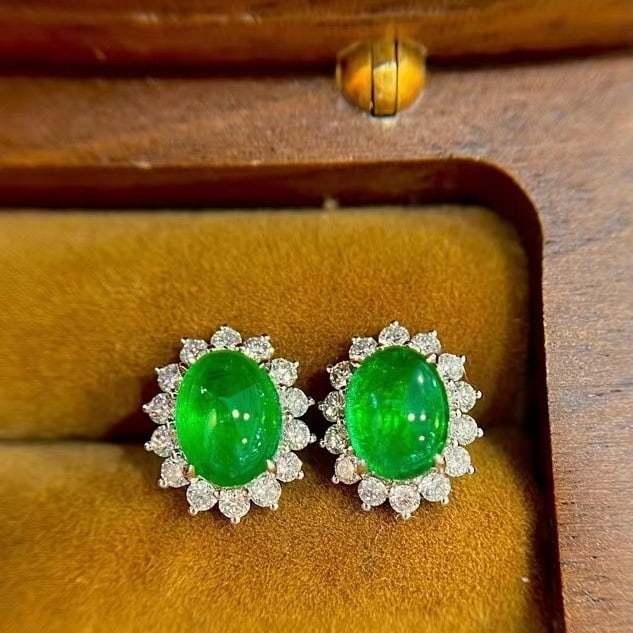 14k Gold 3.65 Ctw Vivid Green Natural Emerald & Diamond Earrings - 2
