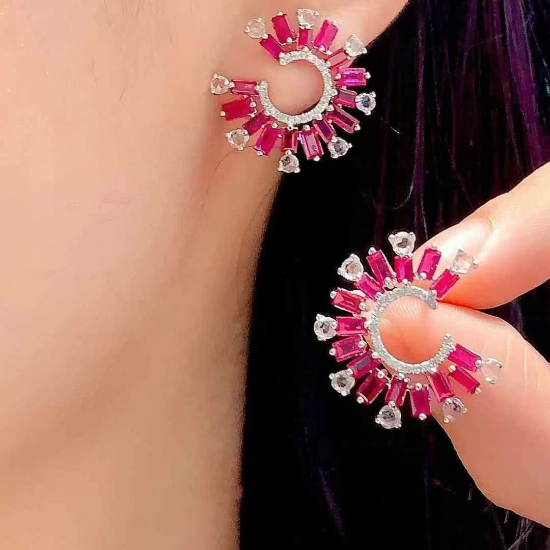 14k Gold 3 Ct Natural Ruby & Diamond & Sapphire Earrings - 2