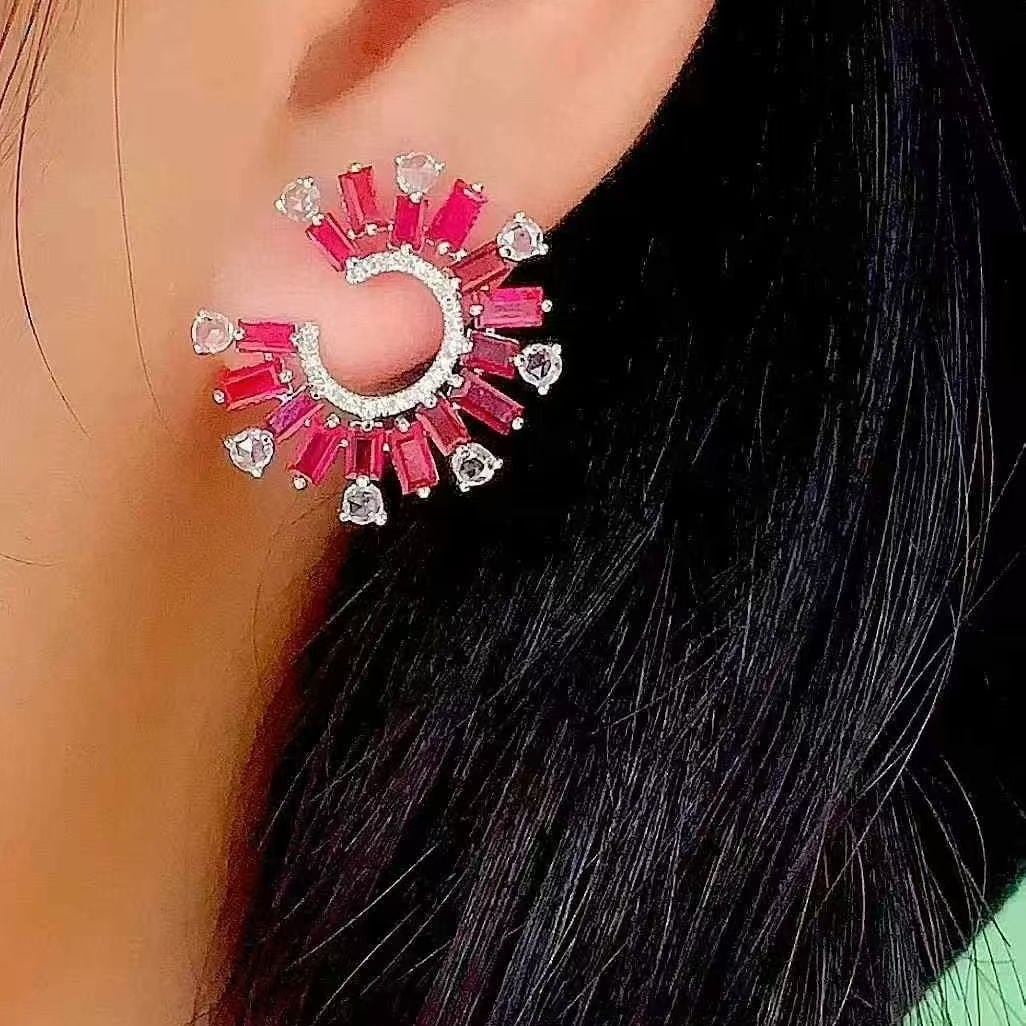 14k Gold 3 Ct Natural Ruby & Diamond & Sapphire Earrings - 3
