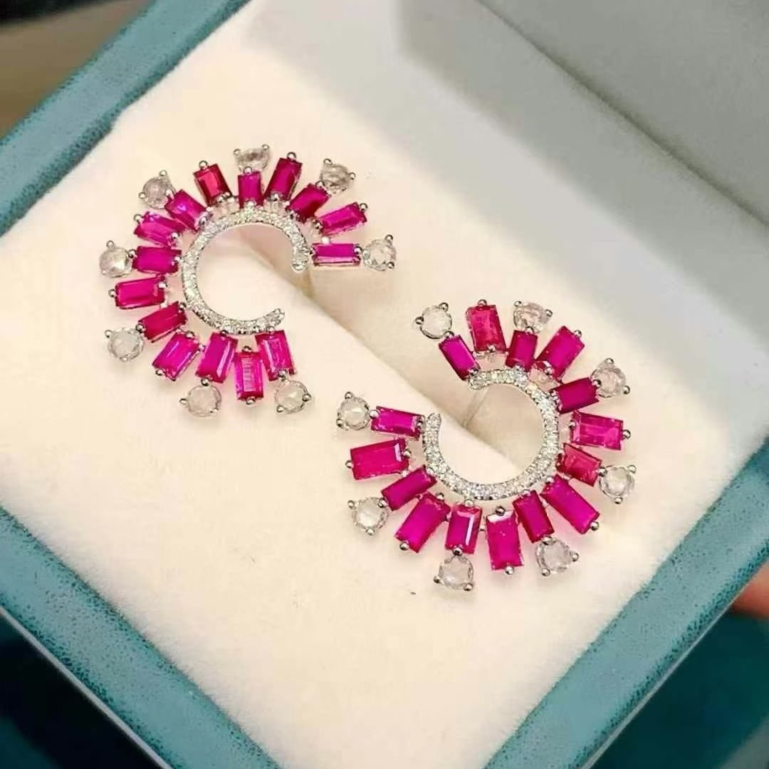 14k Gold 3 Ct Natural Ruby & Diamond & Sapphire Earrings - 4
