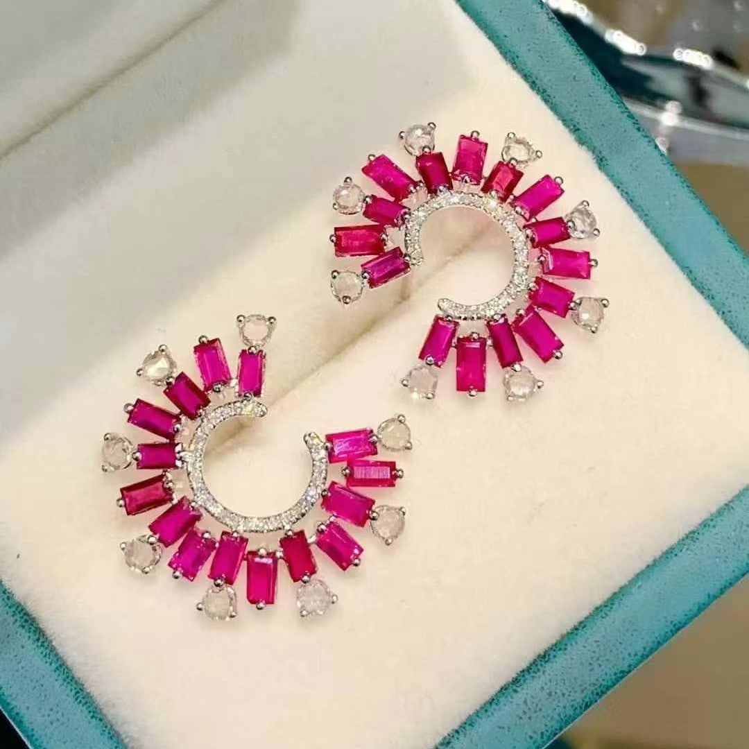 14k Gold 3 Ct Natural Ruby & Diamond & Sapphire Earrings - 5