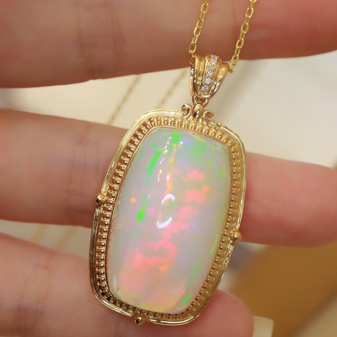 14k Gold 36.73 Ctw Natural Opal & Diamond Pendant( Without Chain ) - 2