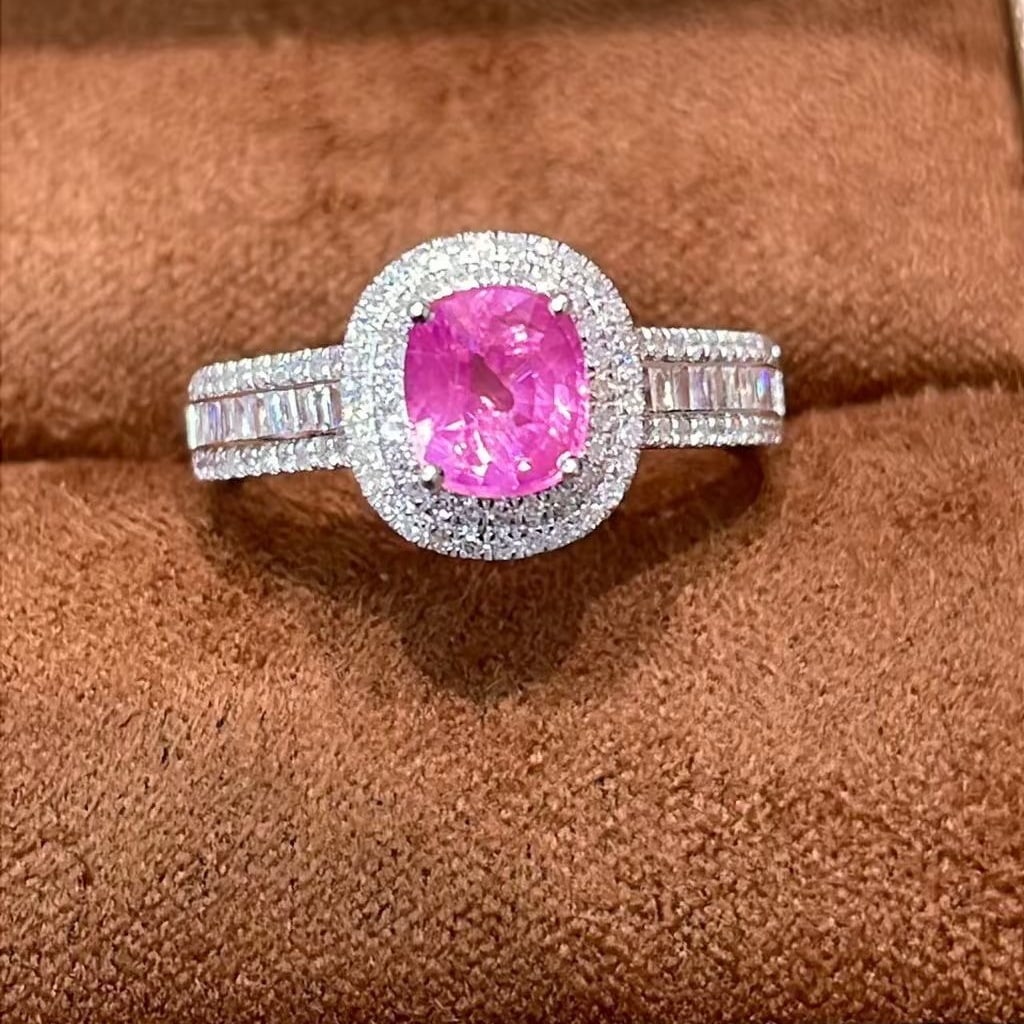 14k Gold 1.45 Ctw Natural Spinel & Diamond Ring: Ref:230982125 / / gold content:14k gold / / ring size:7. 25us / / / / main gemstone:spinel / / shape:cushion / / carat weight:1ct / / color:pink / / treatment:natural / / / / adjacent gemstone 2 :