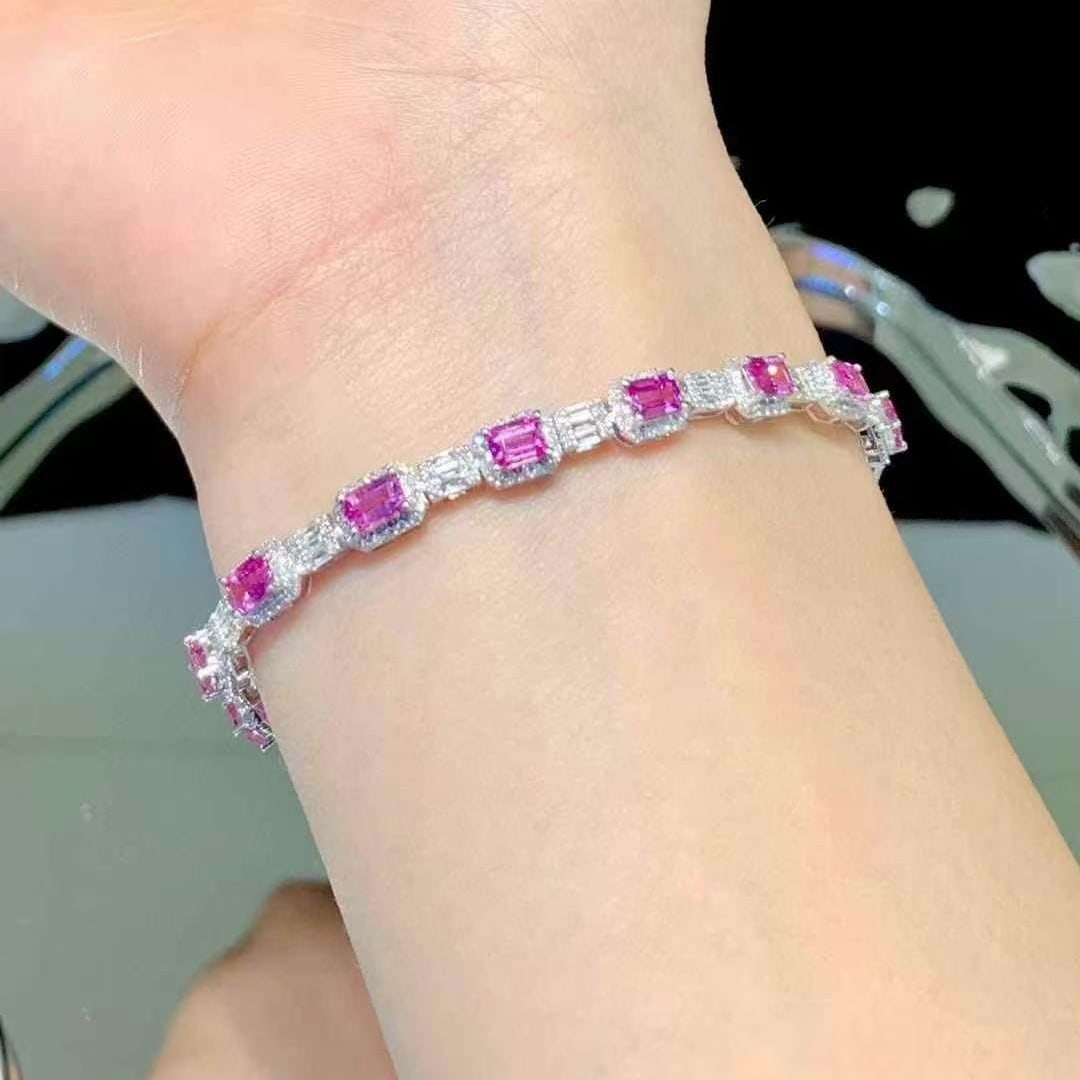 14k Gold 5.2 Ct Natural Padparadscha Sapphire & Diamond Bracelet - 5