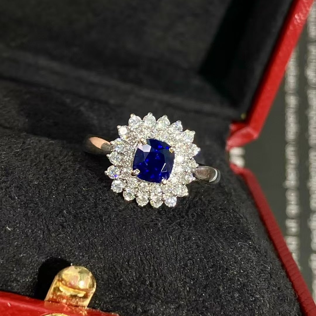 14k Gold 1.12 Ct Natural Sapphire & Diamond Ring: Ref:230982127 / / gold content:14k gold / / ring size:7. 25us / / / / main gemstone:sapphire / / shape:cushion / / carat weight:1. 12ct / / color:royal blue / / treatment:natural / / / / adjacent
