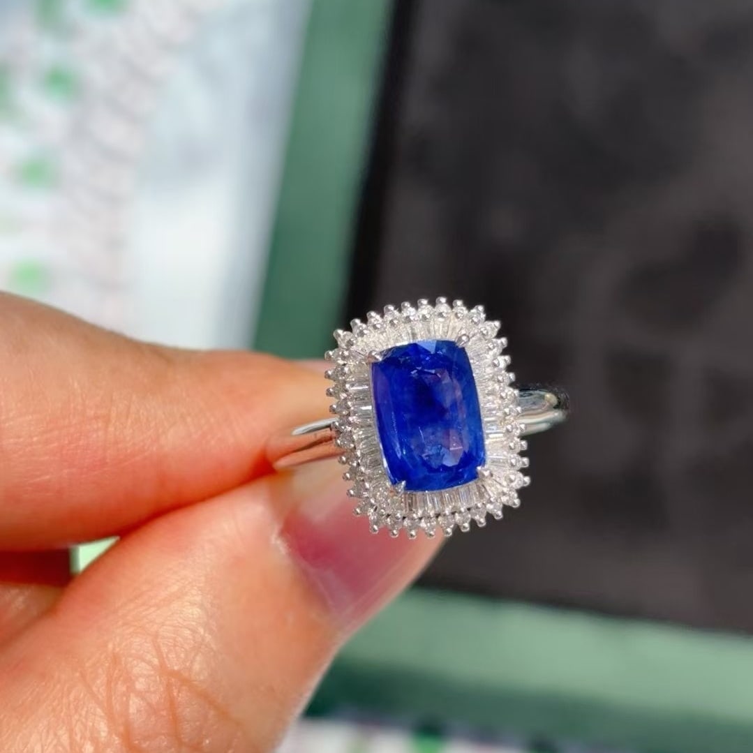 14k Gold 3.26 Ctw Natural Sapphire & Diamond Ring: Ref:230982128 / / gold content:14k gold / / ring size:7. 25us / / / / main gemstone:sapphire / / shape:cushion / / carat weight:2. 68ct / / color:royal blue / / treatment:natural / / / / adjacent