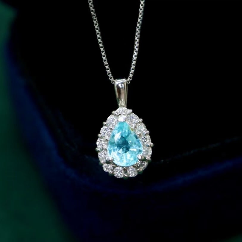 14k Gold 0.67 Ctw Natural Paraiba Tourmaline & Diamond Necklace: Ref:230982134 / / gold content:14k gold / / main gemstone:paraiba tourmaline / / shape:pear / / carat weight:0. 50ct / / color:blue / / treatment:natural / / / / adjacent gemstone 2 : diamond / /