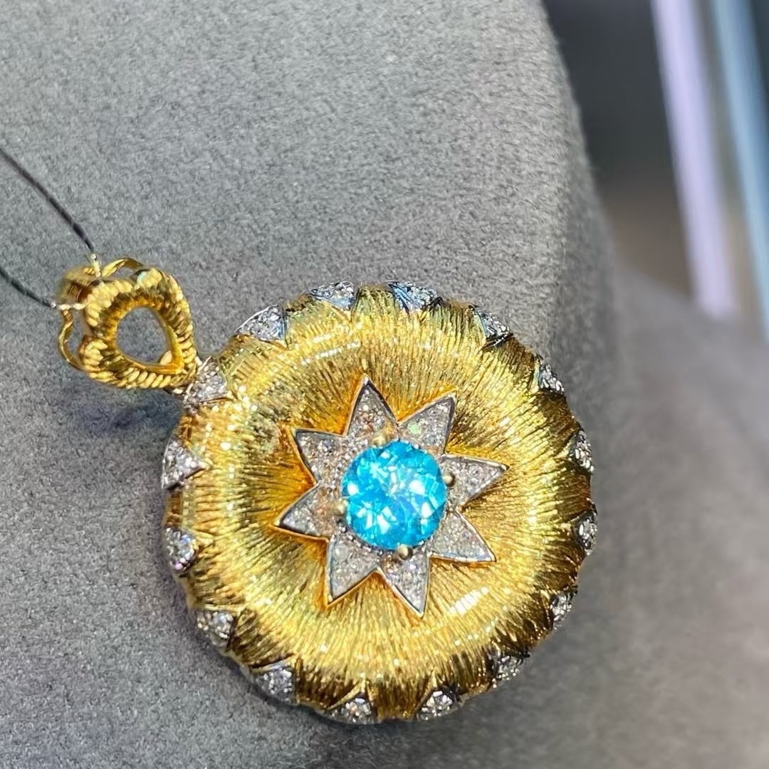 14k Gold 0.36 Ct Natural Paraiba Tourmaline & Diamond Pendant( Without Chain ): Ref:230982135 / / gold content:14k gold / / main gemstone:paraiba tourmaline / / shape:round / / carat weight:0. 36ct / / color:blue / / treatment:natural / / cut grade:g / / / / adjacent gemstone 2