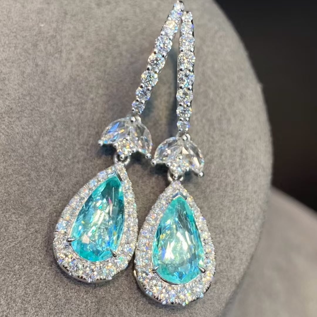 14k Gold 3.68 Ctw Natural Paraiba Tourmaline & Diamond Earrings: Ref:230982136 / / gold content:14k gold / / main gemstone:paraiba tourmaline / / shape:pear / / carat weight:2. 16ct / / color:blue / / treatment:natural / / / / adjacent gemstone 2 : diamond / / shap
