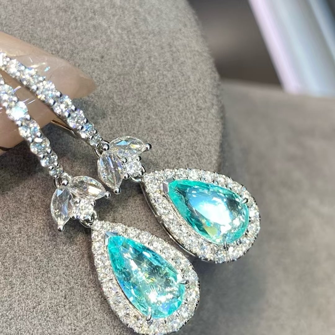 14k Gold 3.68 Ctw Natural Paraiba Tourmaline & Diamond Earrings - 2