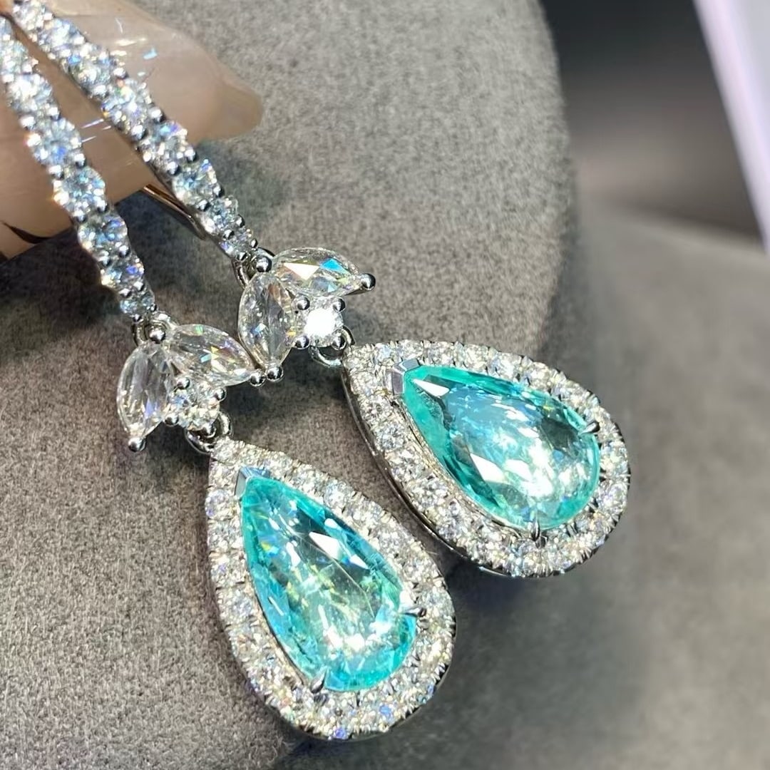 14k Gold 3.68 Ctw Natural Paraiba Tourmaline & Diamond Earrings - 3