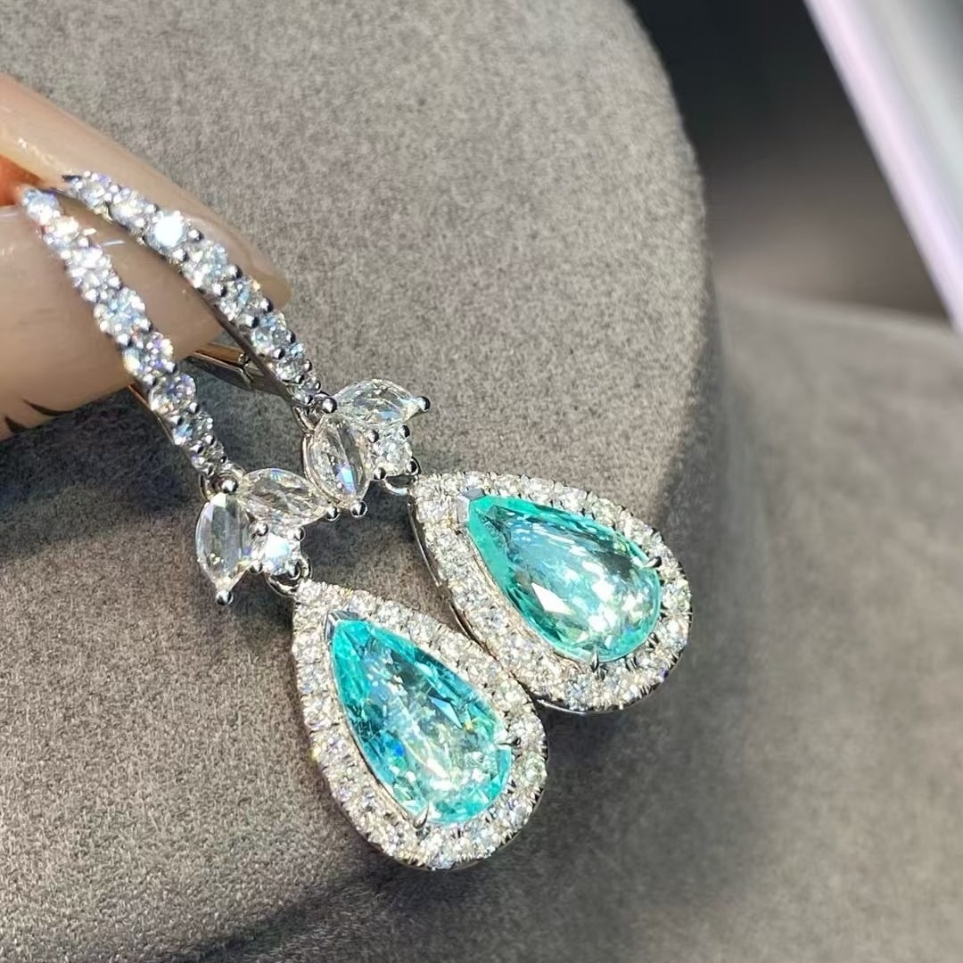 14k Gold 3.68 Ctw Natural Paraiba Tourmaline & Diamond Earrings - 4