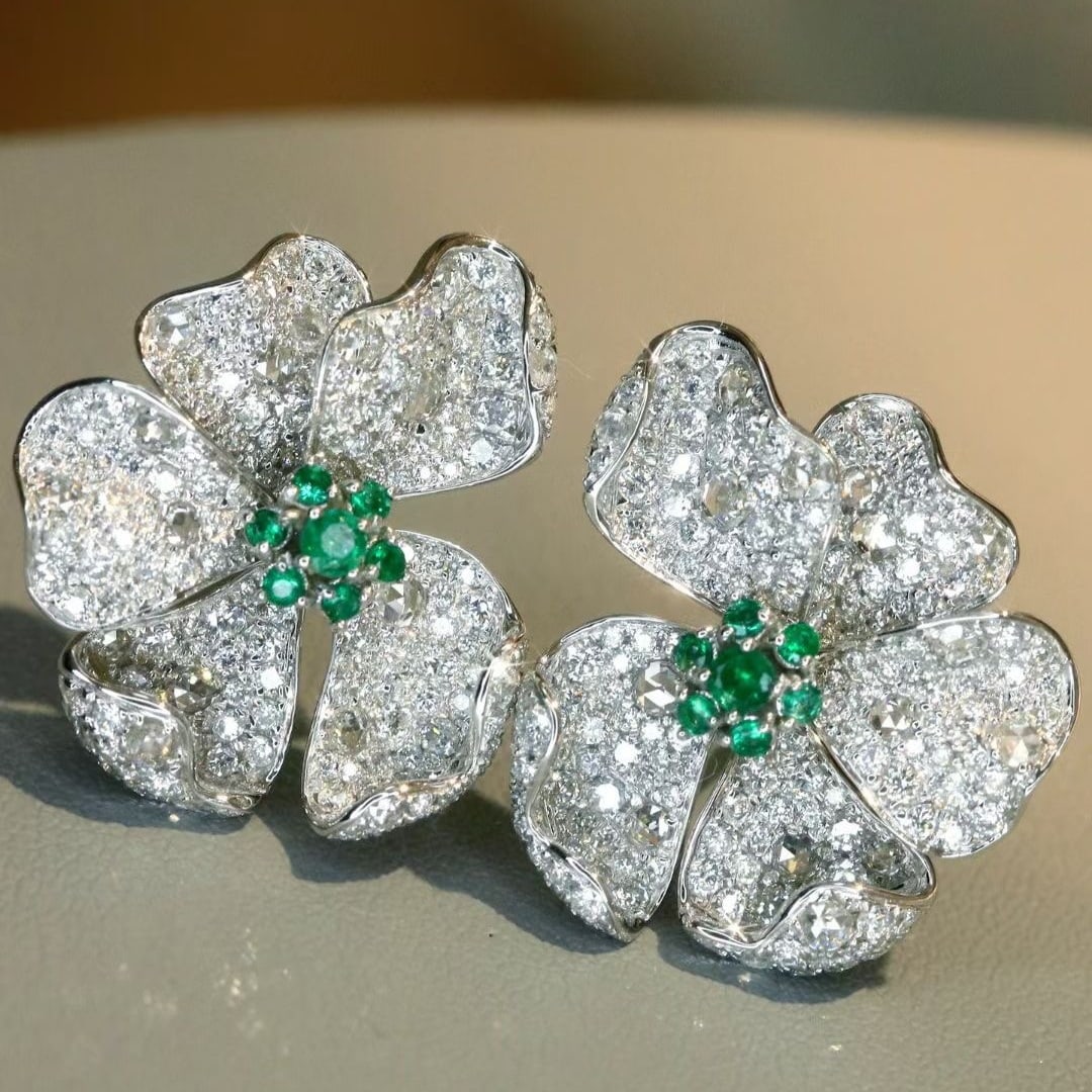 14k Gold 1.78 Ctw Vivid Green Natural Emerald & Diamond & Flowers Earrings - 2