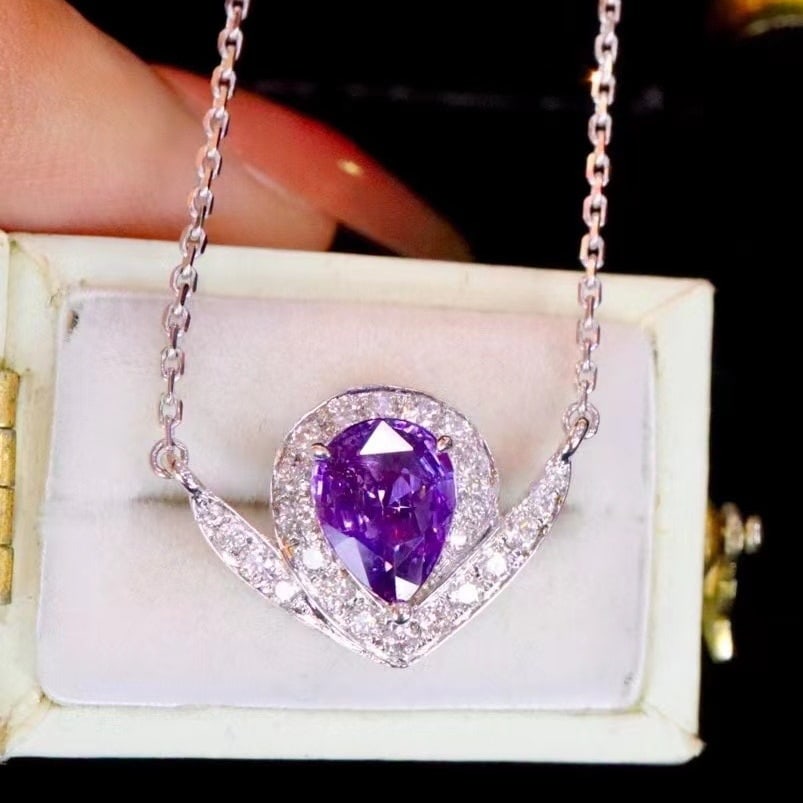 14k Gold 1.51 Ctw Natural Sapphire & Diamond Necklace: Ref:230982158 / / gold content:14k gold / / main gemstone:sapphire / / shape:pear / / carat weight:1. 20ct / / color:purple / / treatment:natural / / / / adjacent gemstone 2 : diamond / / shape:round