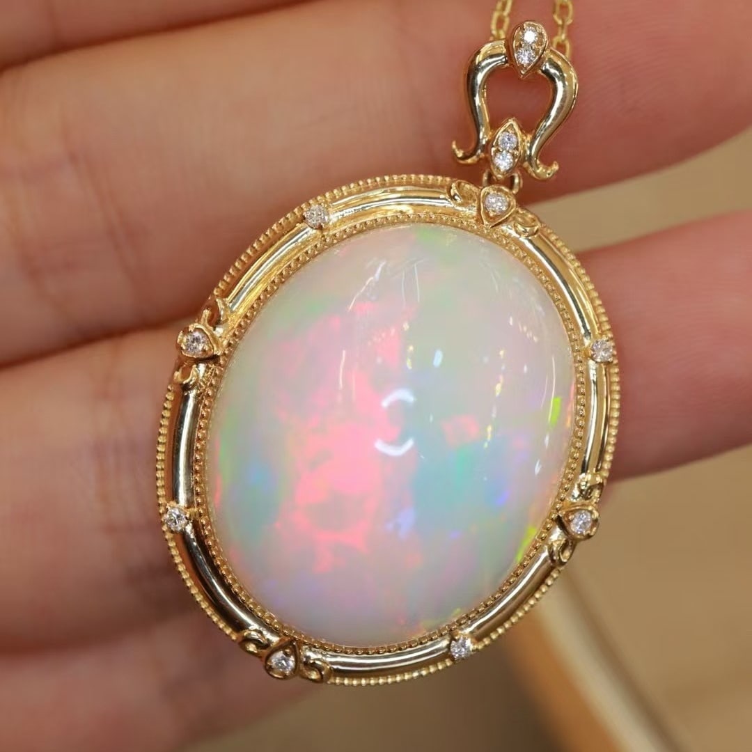 14k Gold 25.9 Ctw Natural Opal & Diamond Pendant( Without Chain ) - 4