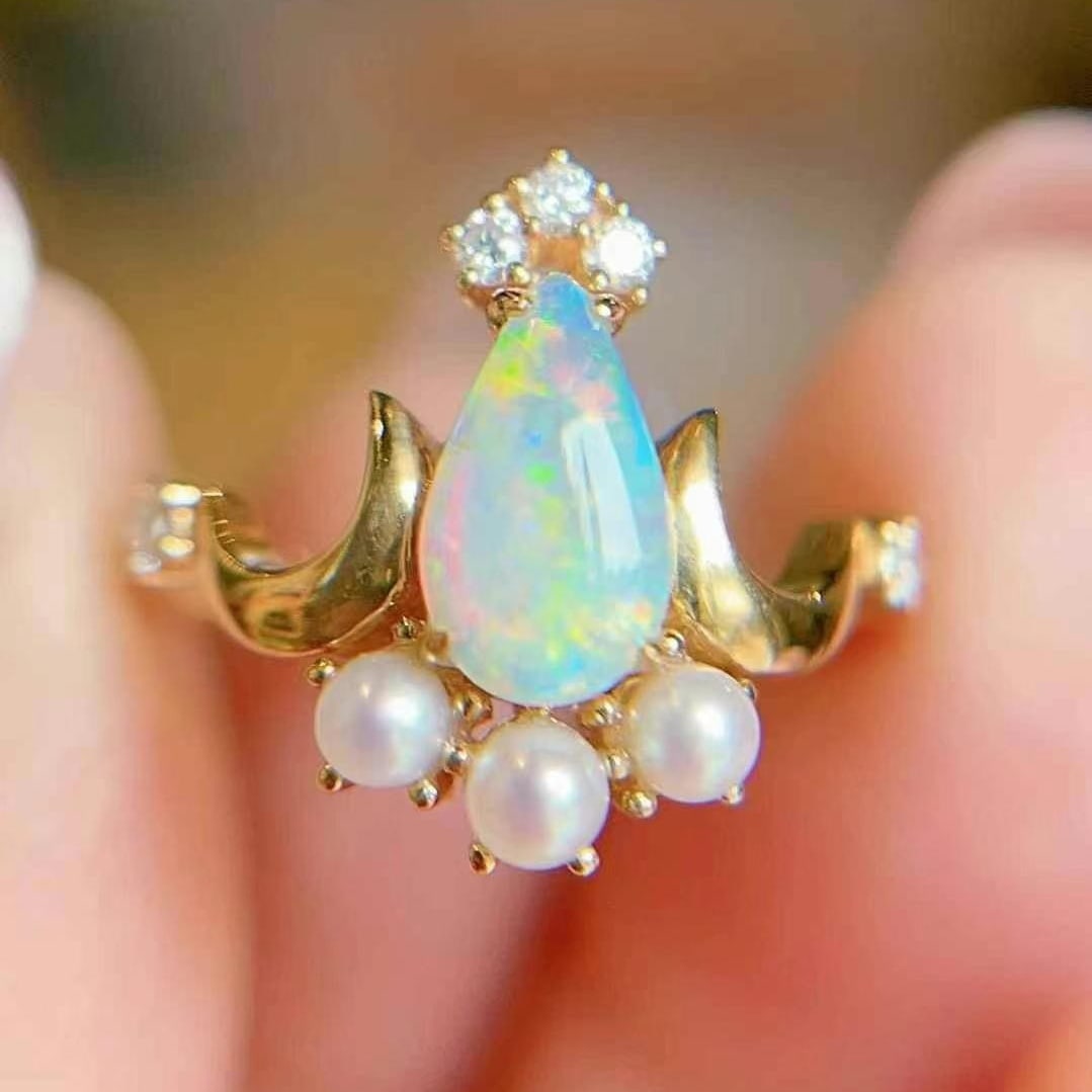 14k Gold 0.51 Ctw Natural Opal & Diamond Ring - 2