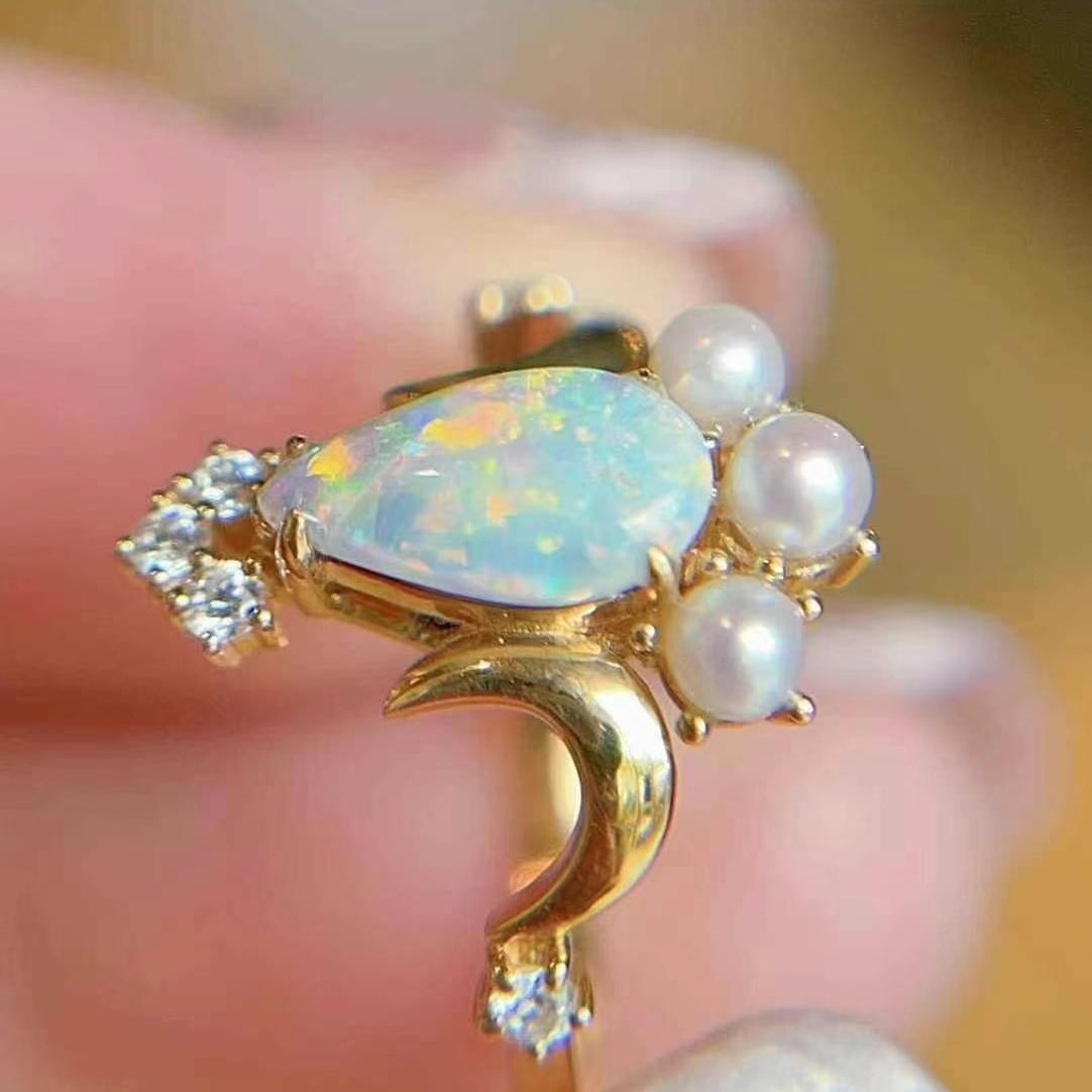 14k Gold 0.51 Ctw Natural Opal & Diamond Ring - 3