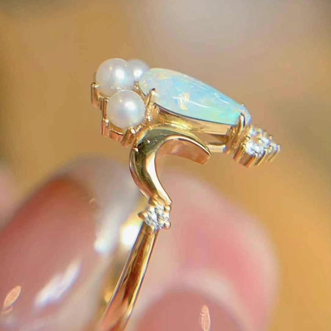 14k Gold 0.51 Ctw Natural Opal & Diamond Ring - 5