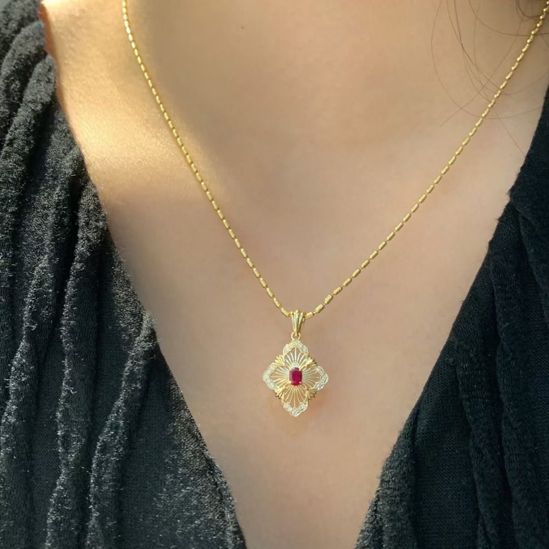 14k Gold 0.29 Ctw Natural Ruby & Diamond Pendant( Without Chain ) - 3