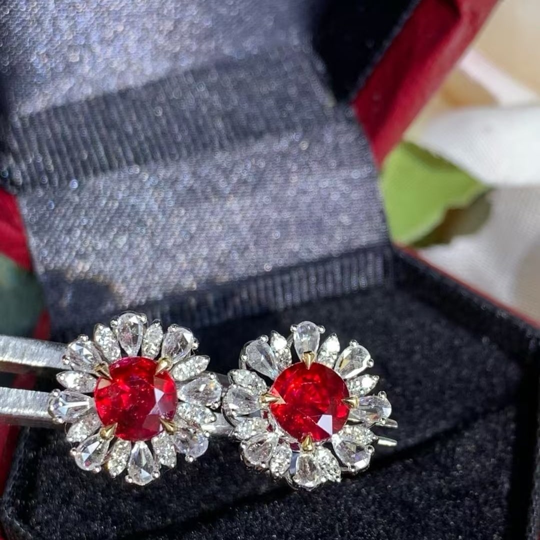 14k Gold 1.76 Ctw Vivid Red Natural Ruby & Diamond Earrings - 2