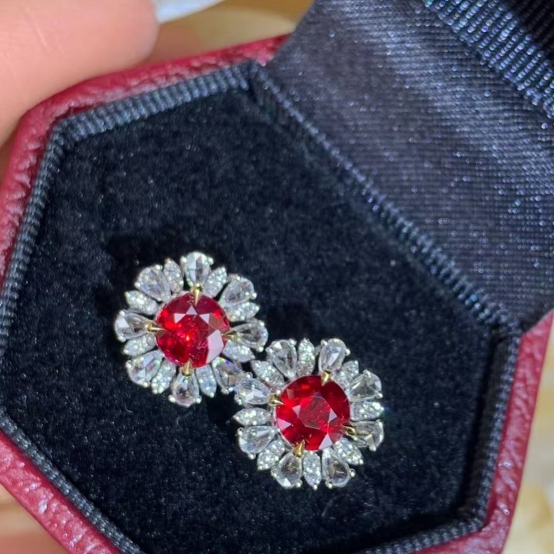 14k Gold 1.76 Ctw Vivid Red Natural Ruby & Diamond Earrings - 3