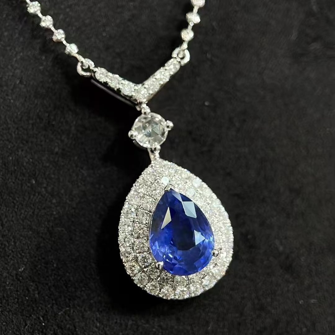 14k Gold 3.02 Ctw Natural Sapphire & Diamond Necklace: Ref:230982172 / / gold content:14k gold / / main gemstone:sapphire / / shape:pear / / carat weight:2. 32ct / / color:cornflower blue / / treatment:natural / / / / adjacent gemstone 2 : diamond / /