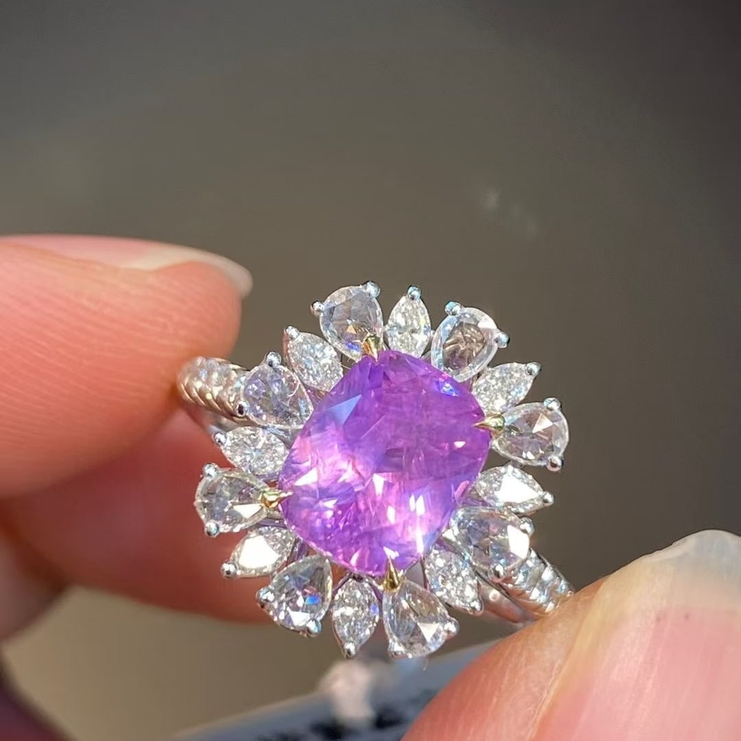 14k Gold 3.0 Ctw Natural Sapphire & Diamond Ring: Ref:230982173 / / gold content:14k gold / / ring size:7. 25us / / / / main gemstone:sapphire / / shape:cushion / / carat weight:2. 3ct / / color:purple / / treatment:natural / / / / adjacent gemstone