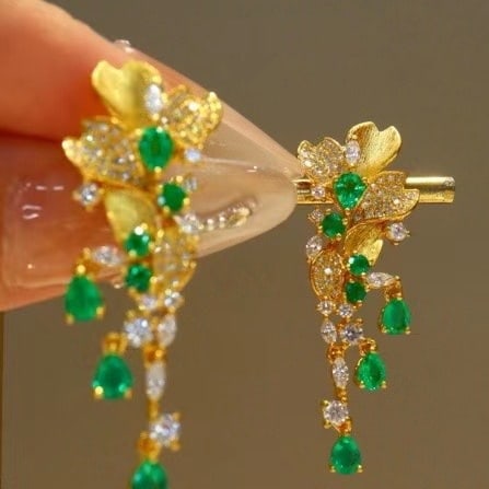 14k Gold 1.44 Ctw Vivid Green Natural Emerald & Emerald Earrings - 2
