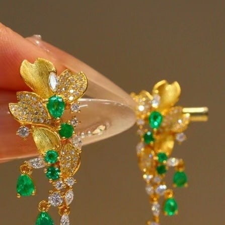 14k Gold 1.44 Ctw Vivid Green Natural Emerald & Emerald Earrings - 3