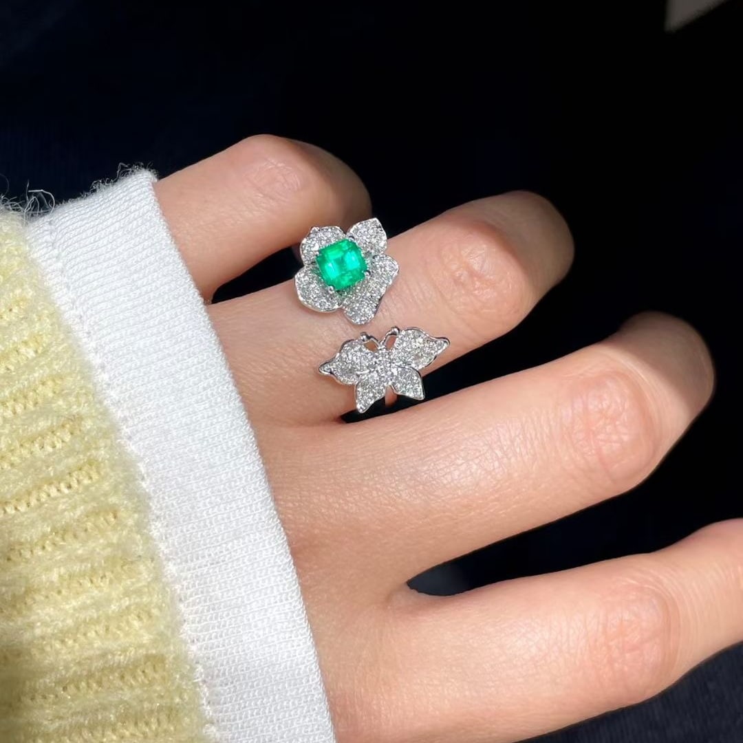 14k Gold 0.52 Ct Natural Emerald & Diamond Ring - 2