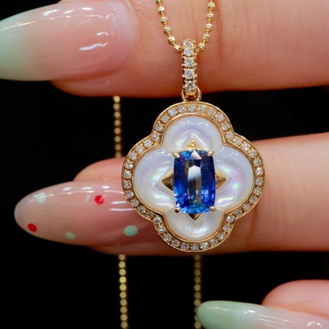 14k Gold 1.24 Ctw Natural Sapphire & Diamond Pendant( Without Chain ) - 2