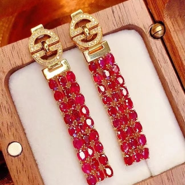 14k Gold 8.45 Ct Vivid Red Natural Ruby & Diamond Earrings - 2