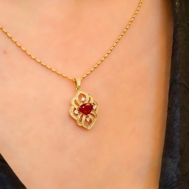 14k Gold 1.30 Ctw Natural Ruby & Diamond Pendant( Without Chain ) - 3