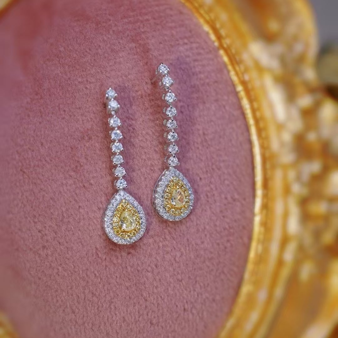 14k Gold 1.00 Ctw Natural Yellow Diamond & Diamond Earrings - 5