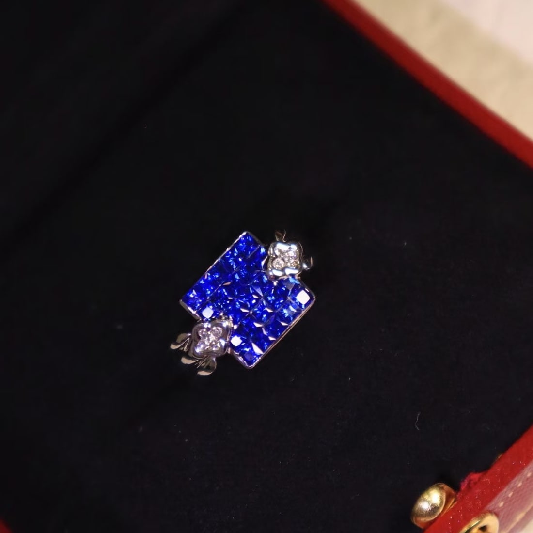 14k Gold 1.21 Ctw Natural Sapphire & Diamond Ring: Ref:230982240 / / gold content:14k gold / / ring size:7. 25us / / / / main gemstone:sapphire / / shape:princess / / carat weight:1. 15ct / / color:royal blue / / treatment:natural / / / / adjacent