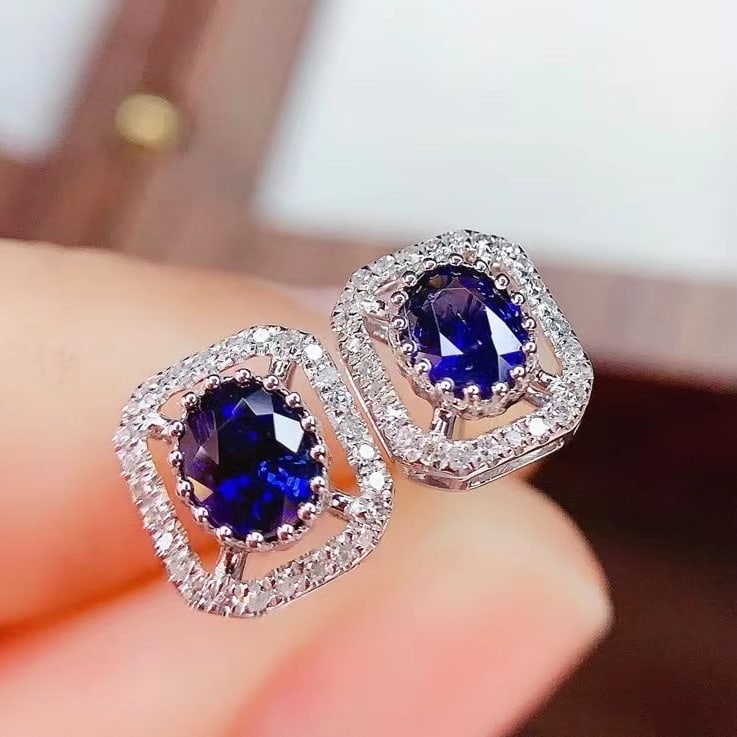 14k Gold 1 Ct Natural Sapphire & Diamond Earrings - 2