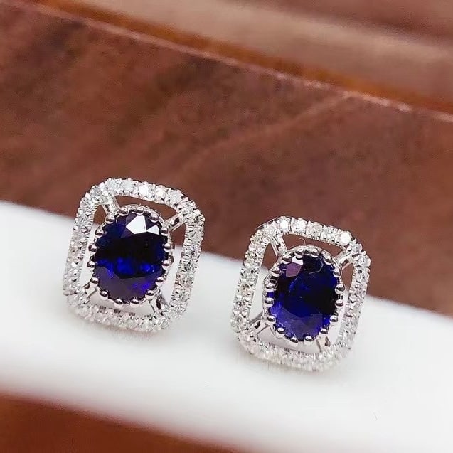 14k Gold 1 Ct Natural Sapphire & Diamond Earrings - 3